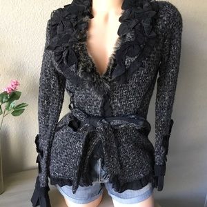 Unique ANIA A. Belted Floral Appliqué Sweater